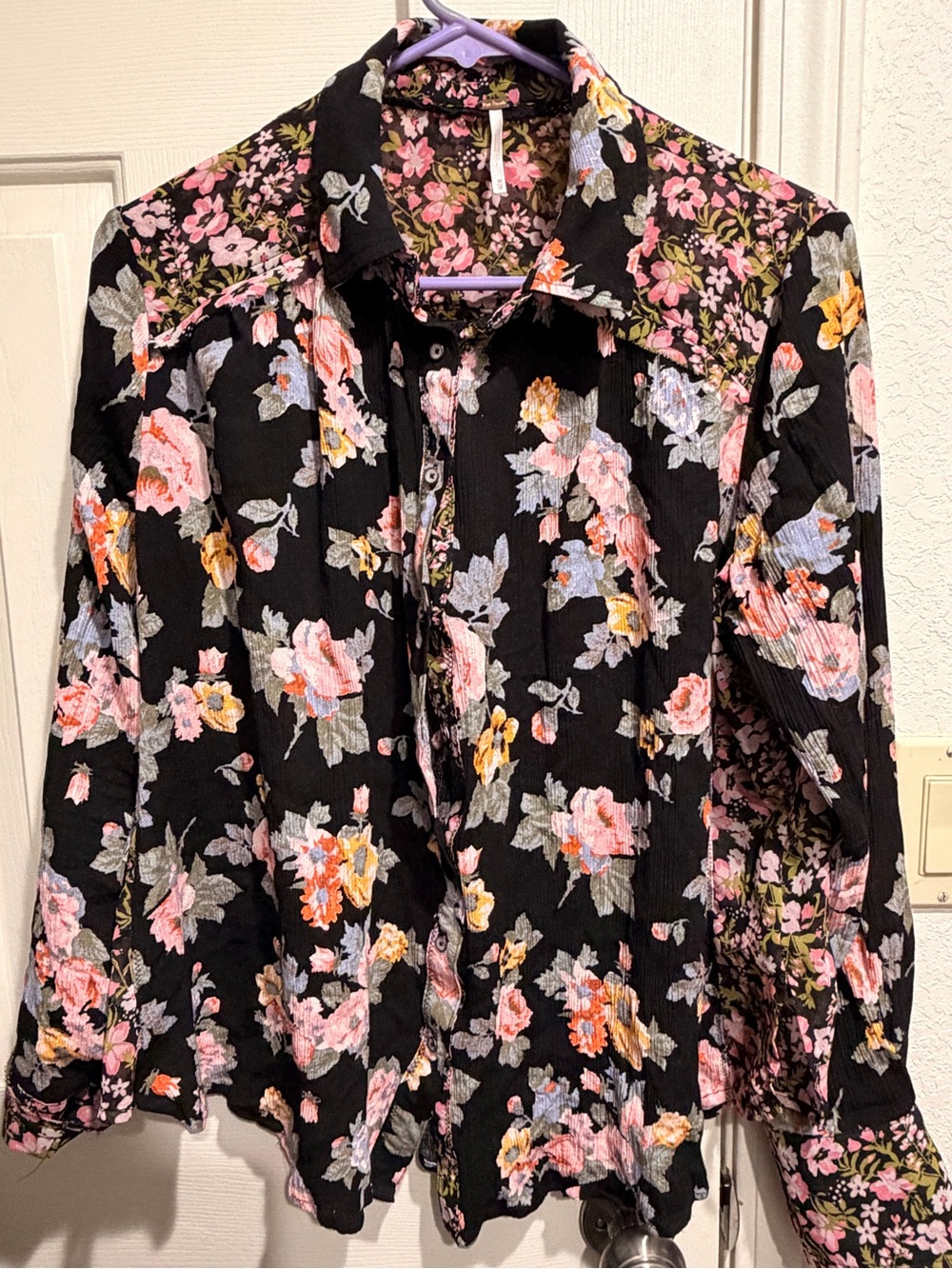 Free People Black Floral Button-Down Shirt with Pink & Pastel Blooms